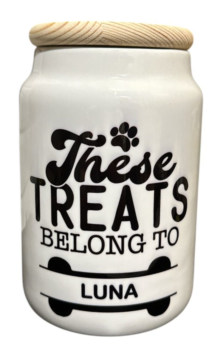 Personalised Dog Treat Jar – White Ceramic with Wooden Lid