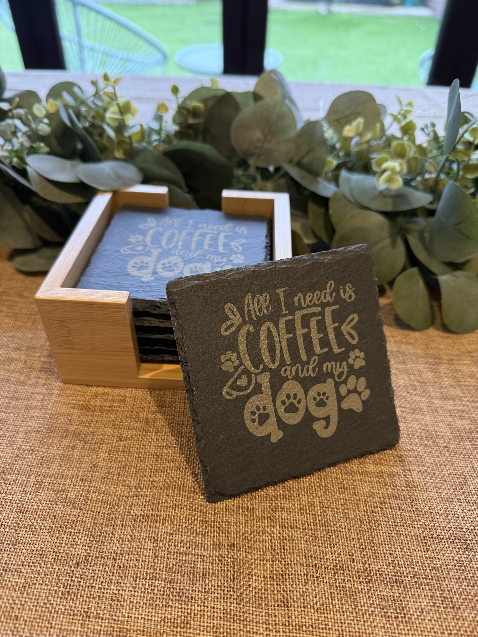 Coffee & Dog Lover Slate Coaster Set (6pcs) – Handcrafted with Bamboo Holder